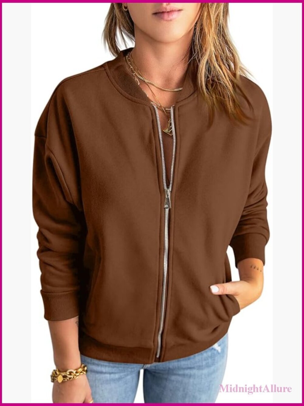 Zip Up Sweatshirt Jacket Long Sleeve Loose Outwear with Pockets